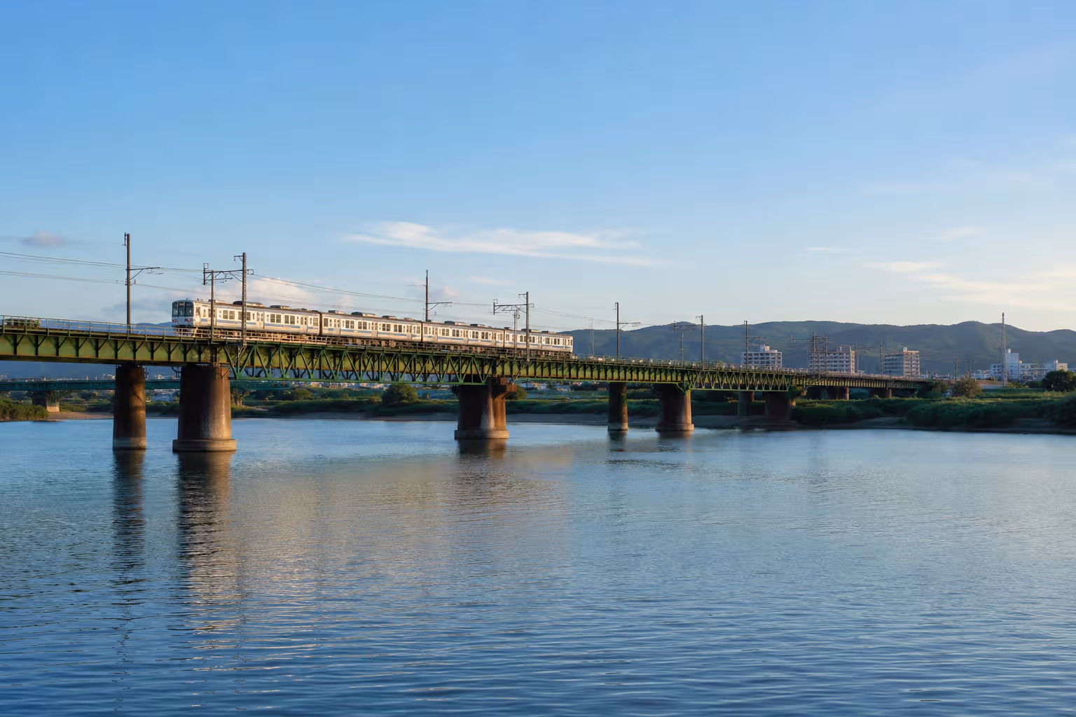 ゆったり流れる川と鉄道橋